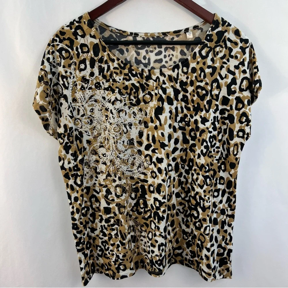 Chicos 2 Zenergy Top Womens XL Animal Print Graphic Cotton Rhinestones - Picture 1 of 3